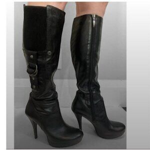 Guess Hearne Black Leather Knee-High Stiletto Boots Size 7.5 calf panel